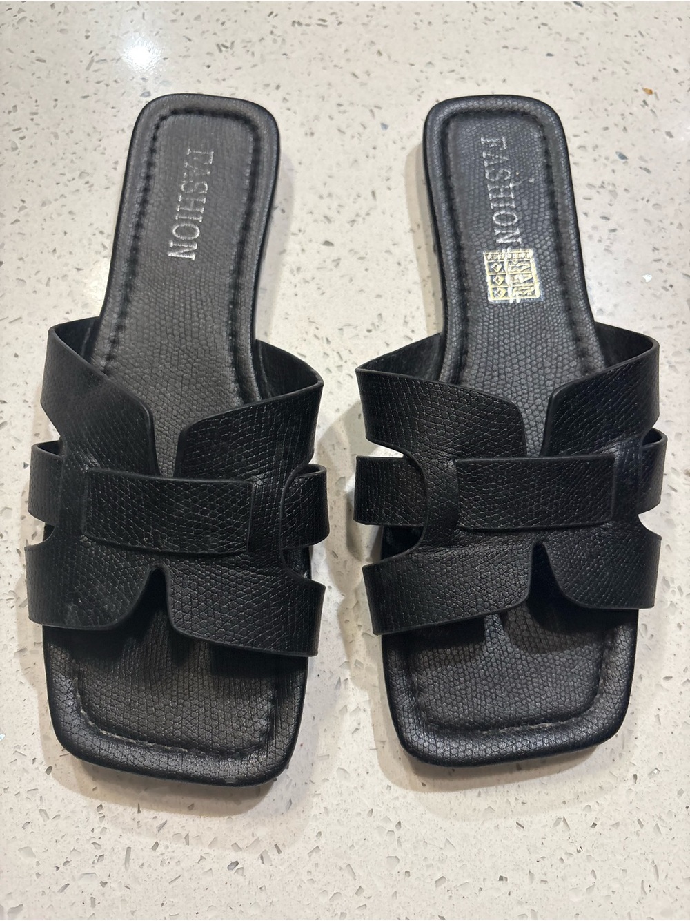Women’s Black Slide Sandals with Textured Bow Strap